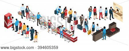 Isometric Set Of Human Characters In Queues In Various Public Places 3d Isolated Vector Illustration