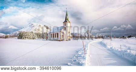 Splendid Snowy Winter Scene Of  Valberg Church On Lofoten Islands.  Location:  Valberg, Vestvagoy,  