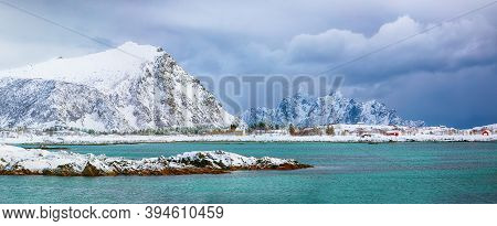 Spectacular Snowy Winter Scene Of  Valberg Village With Snowy  Mountain Peaks On Lofoten Islands.  L