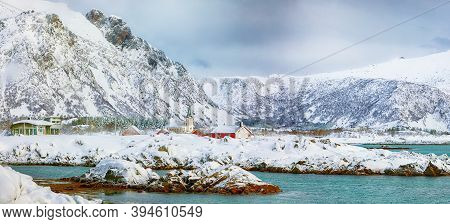 Spectacular Snowy Winter Scene Of  Valberg Village With Snowy  Mountain Peaks On Lofoten Islands.  L