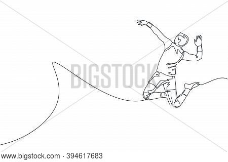 One Single Line Drawing Of Young Male Professional Volleyball Player Exercising Jumping Spike On Cou