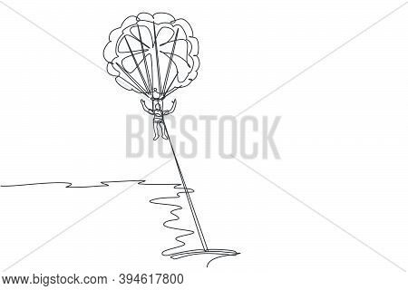 One Single Line Drawing Of Young Sporty Man Flying With Parasailing Parachute On The Sky Pulled By B