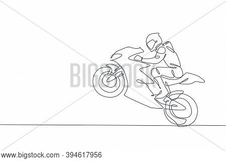 One Single Line Drawing Of Young Moto Racer Jumping His Motorcycle To Celebrate Winning Vector Illus