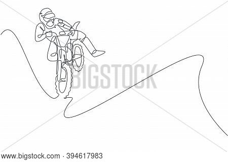 One Continuous Line Drawing Of Young Motocross Rider Jumping Fly Acrobatic At Race Track. Extreme Sp