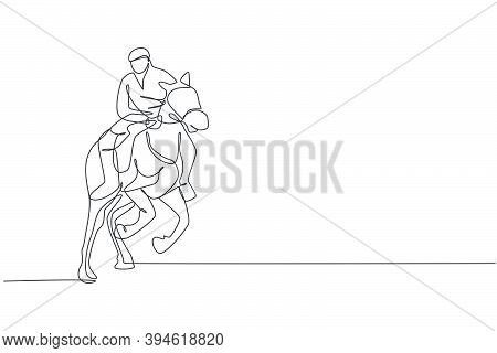 One Continuous Line Drawing Young Horse Rider Man In Action To Run. Equine Training At Racing Track.