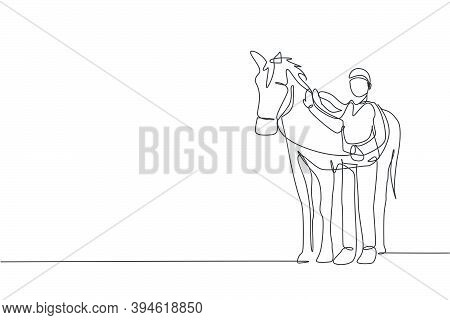 One Continuous Line Drawing Of Young Horse Rider Man Rubbing And Stroking Horsehair At Stable. Equin