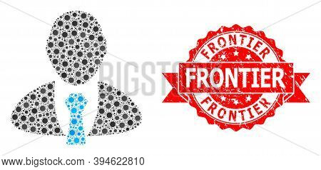 Vector Mosaic Manager Of Sars Virus, And Frontier Textured Ribbon Stamp. Virus Particles Inside Mana