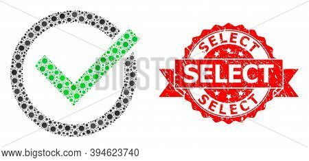 Vector Mosaic Accept Tick Of Virus, And Select Rubber Ribbon Stamp. Virus Particles Inside Accept Ti