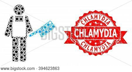 Vector Mosaic Butcher Of Sars Virus, And Chlamydia Grunge Ribbon Stamp Seal. Virus Particles Inside 