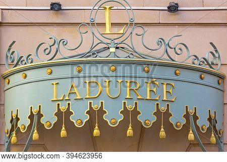Cannes, France - February 1, 2016: Gold Sign At Famous Upscale Bakery Laduree In Cannes, France.