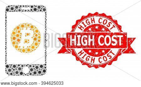 Vector Mosaic Mobile Bitcoin Bank Of Covid-2019 Virus, And High Cost Scratched Ribbon Stamp Seal. Vi