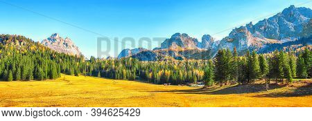 Scenic Image Of Meadow In National Park Tre Cime Di Lavaredo. Location: National Park Tre Cime Di La