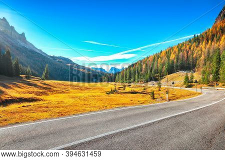 Scenic Image Of The Alpine Road  In National Park Tre Cime Di Lavaredo. Location: National Park Tre 