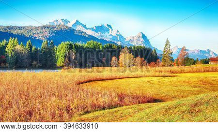 Astonishing View Of Wagenbruchsee (geroldsee) Lake With Zugspitze Mountain Range On Background. Loca