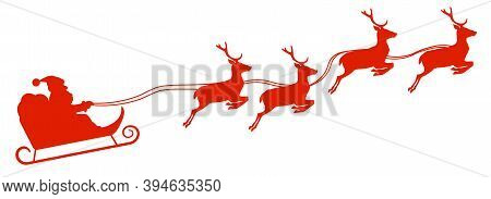 Silhouette Of Santa Claus In Sleigh Pulled By Reindeer Vector Illustration