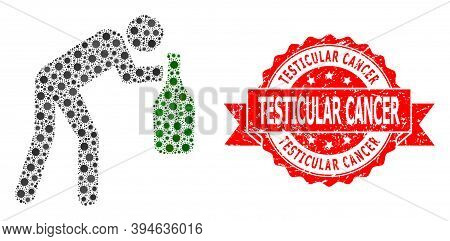 Vector Mosaic Drunky Man Of Corona Virus, And Testicular Cancer Rubber Ribbon Stamp Seal. Virus Part