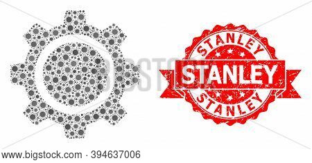 Vector Mosaic Gear Wheel Of Corona Virus, And Stanley Grunge Ribbon Stamp. Virus Elements Inside Gea
