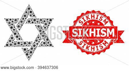 Vector Mosaic David Star Of Flu Virus, And Sikhism Unclean Ribbon Seal Print. Virus Particles Inside