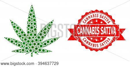 Vector Mosaic Cannabis Of Corona Virus, And Cannabis Sativa Grunge Ribbon Stamp Seal. Virus Items In