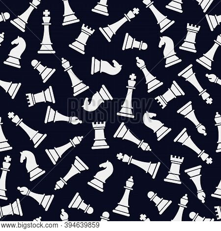 Seamless Pattern With White Chess On Dark Blue. Chess Pieces Seamless Print. Illustration Set Of Che