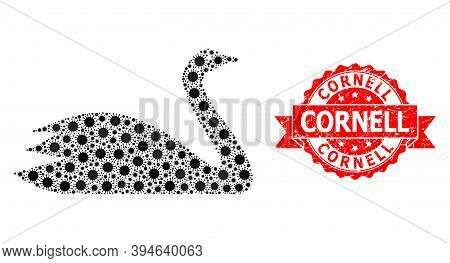 Vector Collage Goose Of Virus, And Cornell Dirty Ribbon Stamp. Virus Cells Inside Goose Mosaic. Red 