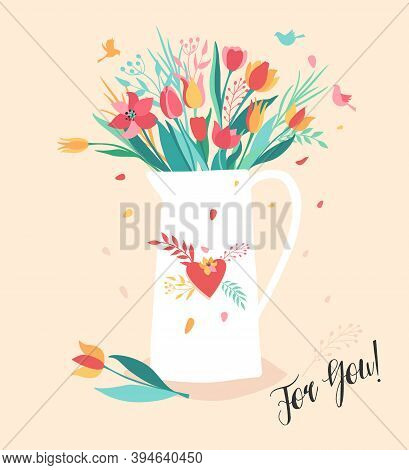 Illustation Of Flower In The Jugg. Bouquet Of Flower In The White Coffeepot . Trend Illustration On 