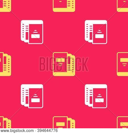 Yellow Office Folders With Papers And Documents Icon Isolated Seamless Pattern On Red Background. Of
