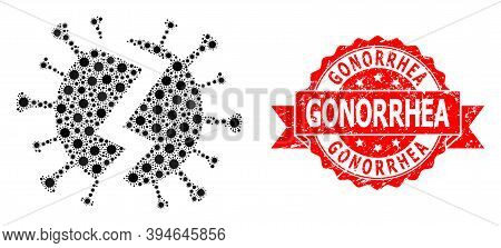 Vector Mosaic Broken Virus Of Flu Virus, And Gonorrhea Rubber Ribbon Stamp Seal. Virus Elements Insi