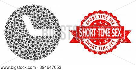 Vector Collage Clock Of Virus, And Short Time Sex Corroded Ribbon Stamp Seal. Virus Cells Inside Clo