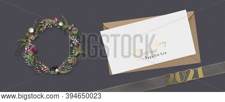 Mock Up, Holiday New Year Christmas Design. Xmas 3d Wreath, Gold Digit 2021 On Gold Ribbon, Envelope