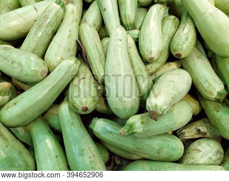 Green Courgette. An Elongated Green Vegetable On A Shelf In The Supermarket. Freshly Harvested Green