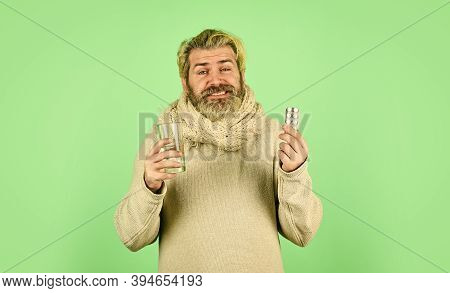Home Pharmacy And Treatment. Bearded Man Take Medical Prescription. He Caught A Cold. Feeling Sick A