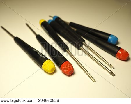 Different Types Of Screwdrivers. Crosshead, Flathead, Torx Screwdrivers. Hand Tools For Repair And C