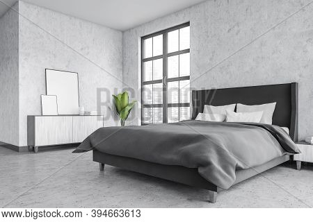 Grey Living Room With Blank Frames On The Table, Marble Floor And Bed With Linens. Light Grey Minima