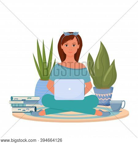 Attractive Woman Sitting With Laptop Near Books, Plants And Cup With Hot Beverage Stock Vector Brigh