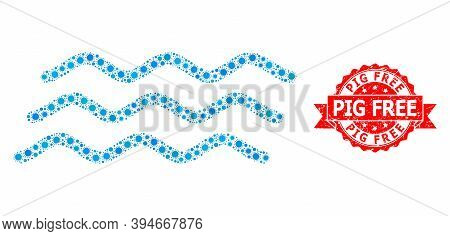 Vector Collage Water Waves Of Virus, And Pig Free Rubber Ribbon Seal. Virus Particles Inside Water W
