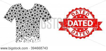 Vector Collage Ragged T-shirt Of Corona Virus, And Dated Textured Ribbon Stamp Seal. Virus Particles