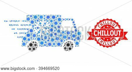 Vector Mosaic Refrigerator Car Of Flu Virus, And Chillout Scratched Ribbon Seal. Virus Particles Ins