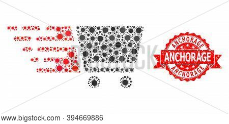 Vector Mosaic Shopping Cart Of Virus, And Anchorage Corroded Ribbon Stamp Seal. Virus Particles Insi