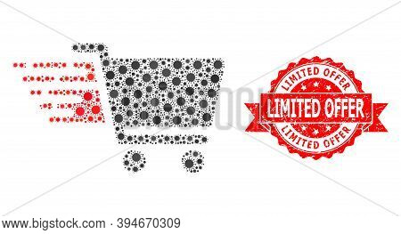 Vector Mosaic Shopping Cart Of Flu Virus, And Limited Offer Dirty Ribbon Stamp Seal. Virus Particles
