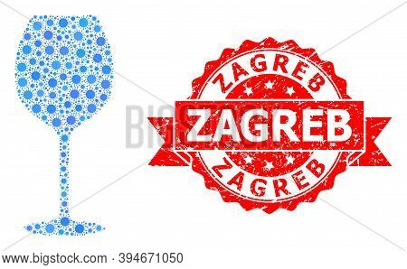 Vector Mosaic Wine Glass Of Corona Virus, And Zagreb Unclean Ribbon Stamp Seal. Virus Particles Insi