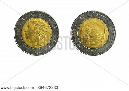 Italian Coin 500 Lire Year 1988,obverse And Reverse Side On White Background,macro Close Up
