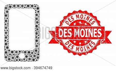 Vector Mosaic Smartphone Of Covid-2019 Virus, And Des Moines Scratched Ribbon Seal. Virus Cells Insi