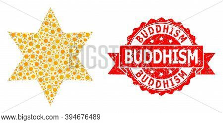 Vector Mosaic Six Corner Star Of Corona Virus, And Buddhism Grunge Ribbon Stamp Seal. Virus Items In