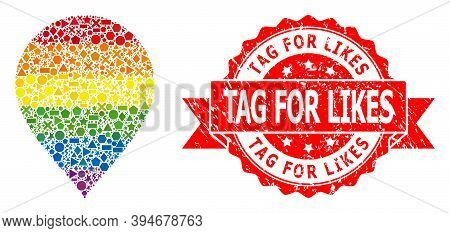Rainbow Gradient Colorful Geometric Collage Map Pointer, And Tag For Likes Unclean Seal. Red Stamp S