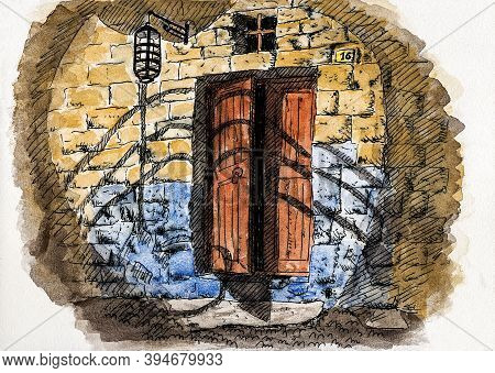Detail Of Wooden Door Ajar In An Old Stone Building At Rhodes. A Historical Town With Medieval Archi
