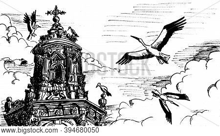 Storks Flying And Nesting On Top Of Baroque Belfry At Logroño. A Charming Town On The Way Of St. Jam