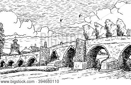 Pathway Over Gothic Stone Bridge At Hospital De Orbigo. A Historical Village On The Way Of St. James