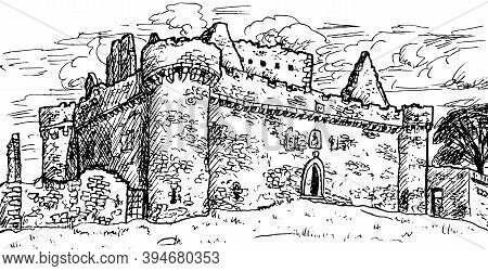 Towers And Stone Walls On The Facade Of The Craigmillar Castle, Near Edinburgh. The Capital Of Scotl