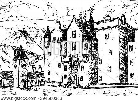 Front Facade Of Blair Atholl Castle With Pointed Turrets. In The Middle Of Scottish Highlands, North